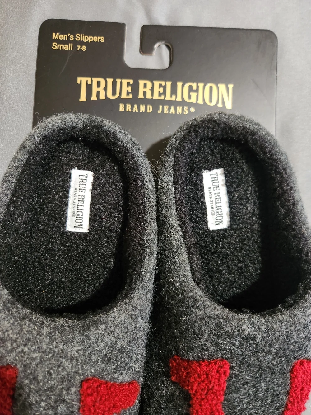 True Religion Mens Gray Slippers with Red Logo Accent